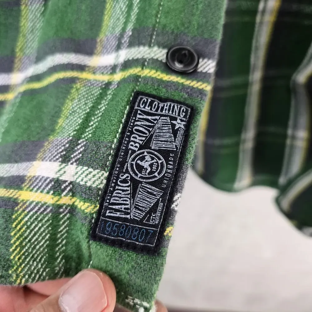 Fabrics Bronx Flannel Shirt Youth XL Green Plaid Union Made Sanforized Vintage